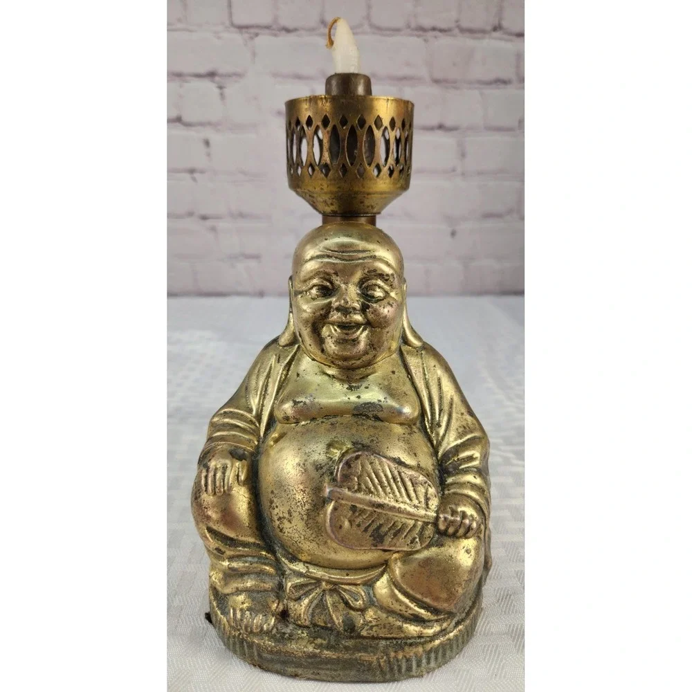 Vtg 50's Brass Smiling Buddha Figure Statue Candle Lamp Worship Luck Prosperity